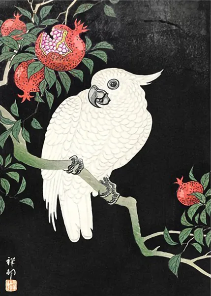 Cockatoo-and-Pomegranate-by-Ohara-Koson