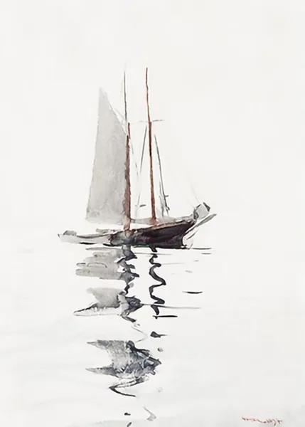 Two-Masted-Schooner-with-Dory-by-Winslow-Homer