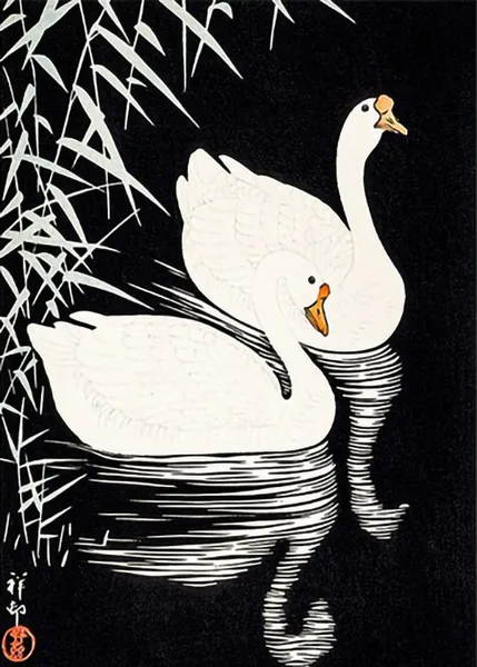 White-Chinese-Geese-Swimming-by-Reeds-by-Ohara-Koson