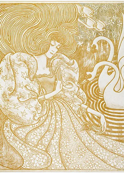 Woman-with-a-Butterfly-at-a-Pond-with-Two-Swans-by-Jan-Toorop
