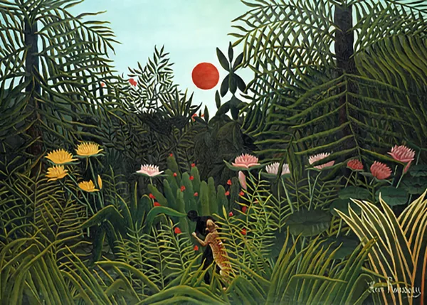 Virgin-Forest-with-Sunset-by-Henri-Rousseau