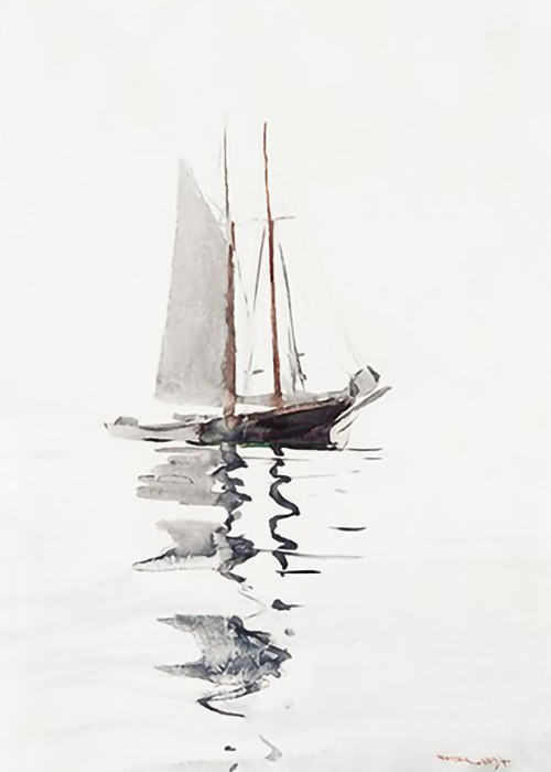 Two-Masted-Schooner-with-Dory-by-Winslow-Homer