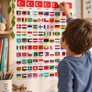 100 ADET Dünya Ülke Bayrakları Büyük Ebat Sticker, İngilizce 3cm çapında, Flags
